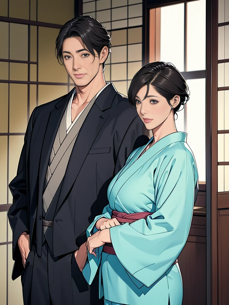 Double,Japanese Wind,Photorealism,detailed,masterpiece,Mature,Gentle men in suits and big-breasted women in kimonos,Smile,Standing,short hair
