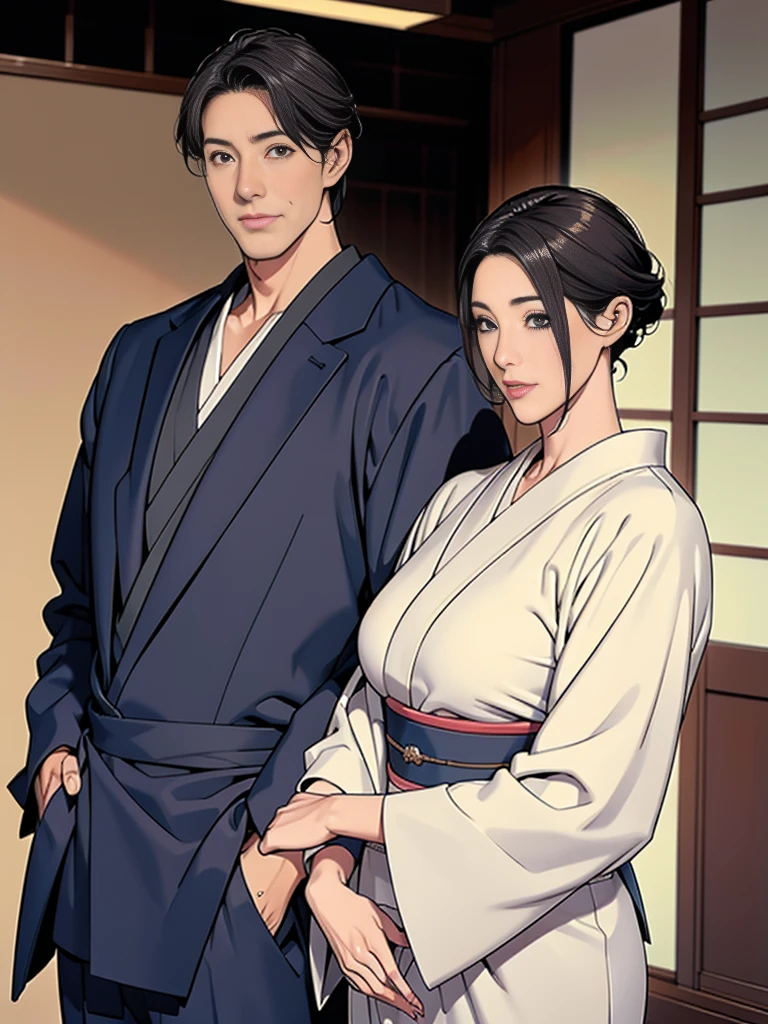 Double,Japanese Wind,Photorealism,detailed,masterpiece,,Gentle men in suits and big-breasten in kimonos,Smile,Standing,short hair