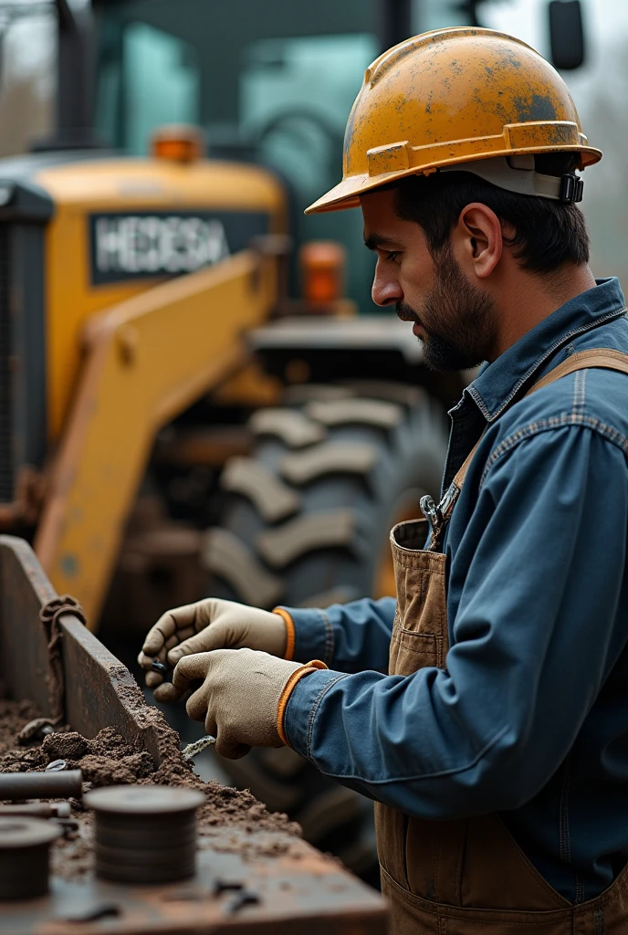 Technician changing the articulation pin on a Hedesa loader