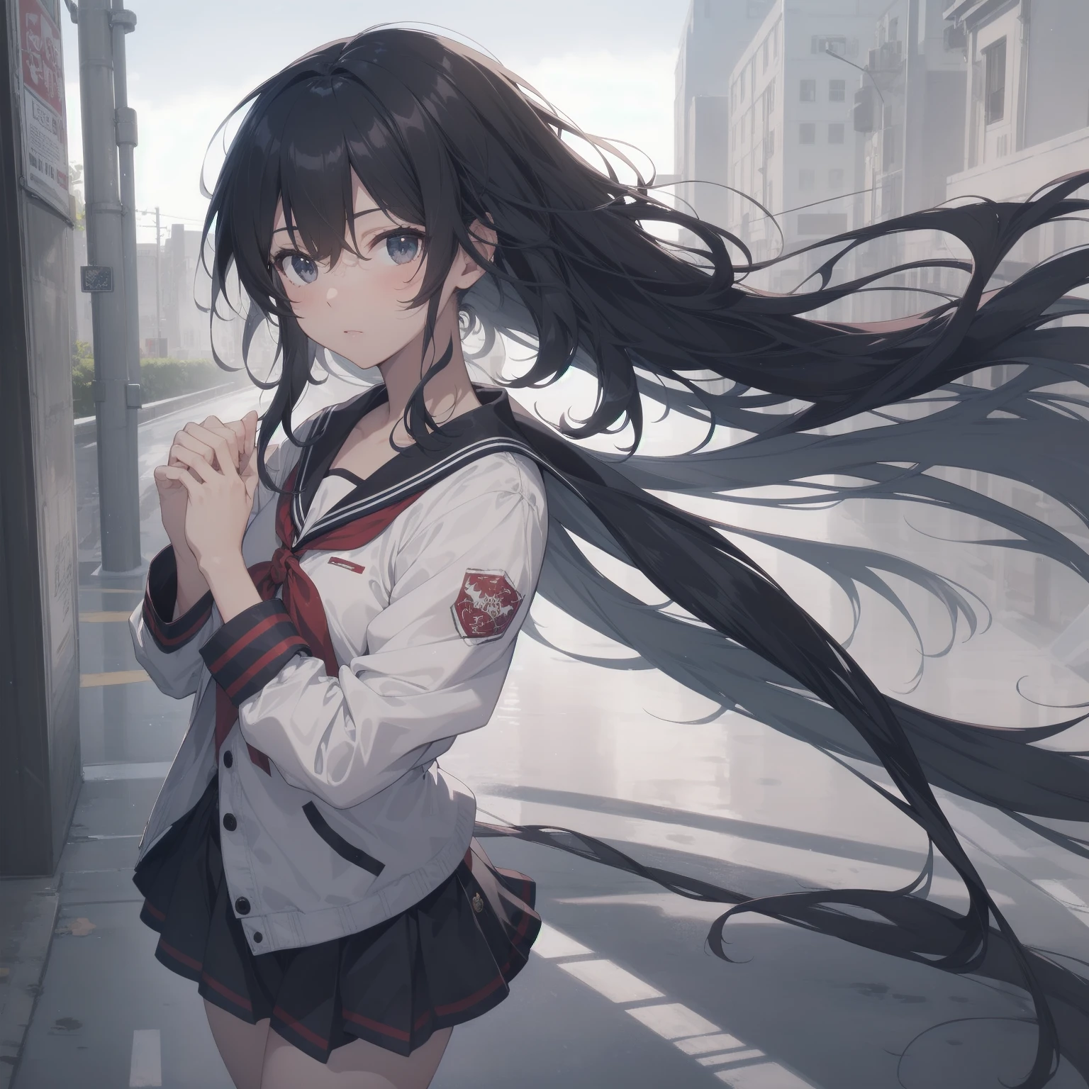 ultra-absurdres-Top quality by artist God, ultra-detailed, high resolution, anime moe artstyle, best anime 8k konachan wallpaper, pixiv contest winner, pool:2810, perfect anatomy,break, 1girl, (Please draw a girl walking sleepily to school alone. )break,(Solo,little female,:1.3),Full limbs, ,a junior high school student, (very short hair), short cut, flat chest, , small butt, small black eyes, beautiful detailed eyes, well-proportioned iris and pupils, expressive eyes, highres detailed hair, soft expression, salor school_uniform, sailor collar, serahuku, bow, pleated skirt,(Detailed Lighting), (Detailed background), in the School commute route. break,super detailed skin, Best cinematic lighting powered by famous artist, 8k,beauty illustration,photoshop_(medium),very aesthetic,break,((artist:takeuchi_takashi )), artist:clamp ,artist:carnelian ,artist:kantoku ,