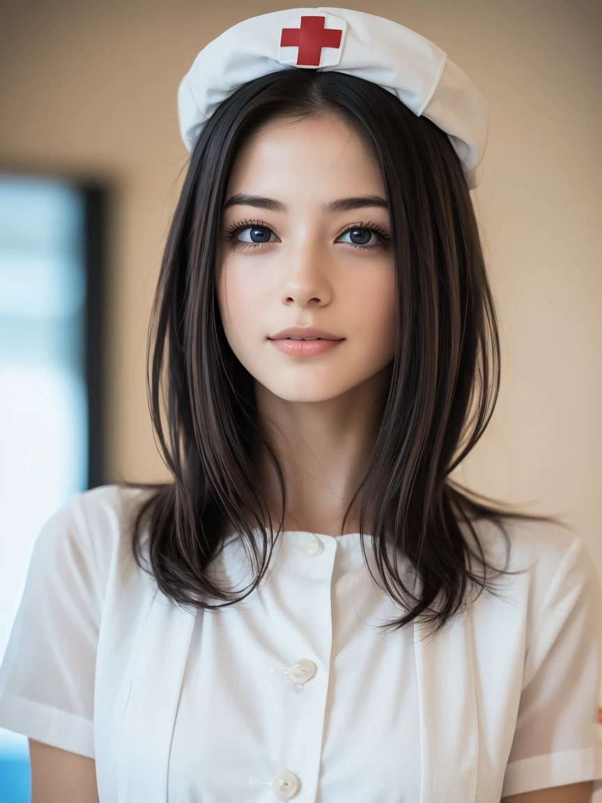 1. Pure Woman,(Wearing white nurse clothes:1.2),(RAW Photos, Highest quality), (Realistic, photo-Realistic:1.4), masterpiece, Two very delicate and beautiful women, Very detailed, Great Skin, Detailed face, Cool smile、Clean look、 Sparkling eyes, double eyelid, Ample breasts、High resolution, Soft Light, Beautiful detailed girl, Very detailed eyes and face, Beautiful and sophisticated nose, nurse, Perfect Anatomy, Black Hair, Upstyle, nurse uniform, ((nurse cap)), hospital, clear, White Uniform, hospital room, ((High resolution)),  short hair, bangs,Face Focus、