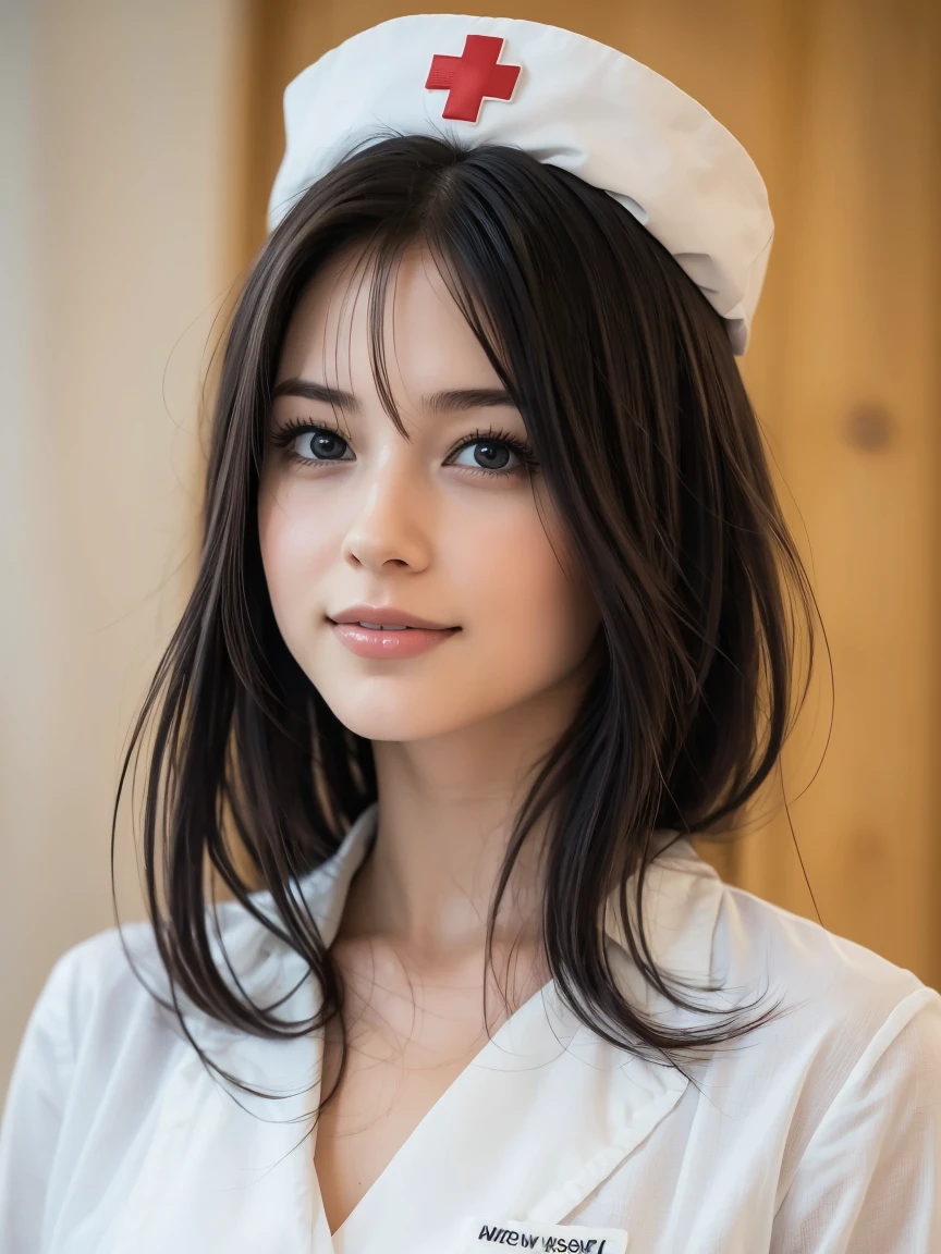 1. Pure Woman,(Wearing white nurse clothes:1.2),(RAW Photos, Highest quality), (Realistic, photo-Realistic:1.4), masterpiece, Two very delicate and beautiful women, Very detailed, Great Skin, Detailed face, Cool smile、Clean look、 Sparkling eyes, double eyelid, Ample breasts、High resolution, Soft Light, Beautiful detailed girl, Very detailed eyes and face, Beautiful and sophisticated nose, nurse, Perfect Anatomy, Black Hair, Upstyle, nurse uniform, ((nurse cap)), hospital, clear, White Uniform, hospital room, ((High resolution)), short hair, bangs,Face Focus、