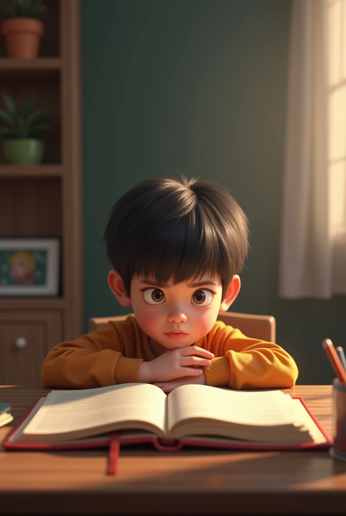 Child with doubts sitting in front of a table with a study notebook, in 3d