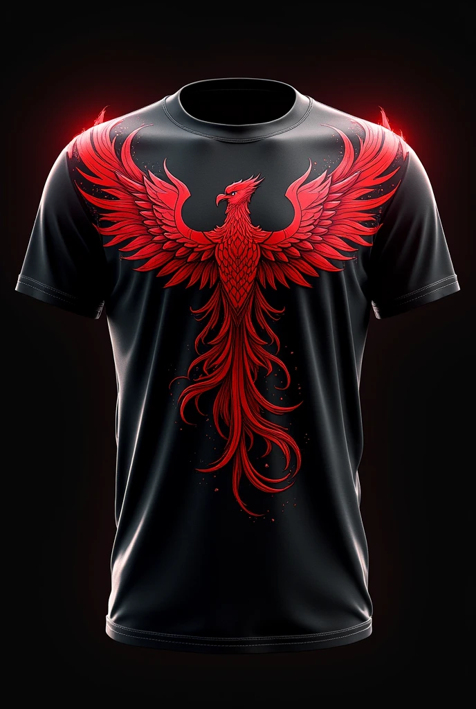 Make an image of an interlayer shirt with a black background and red details, with the phoenix mascot and phoenix wing on the shirt, shirt front and back