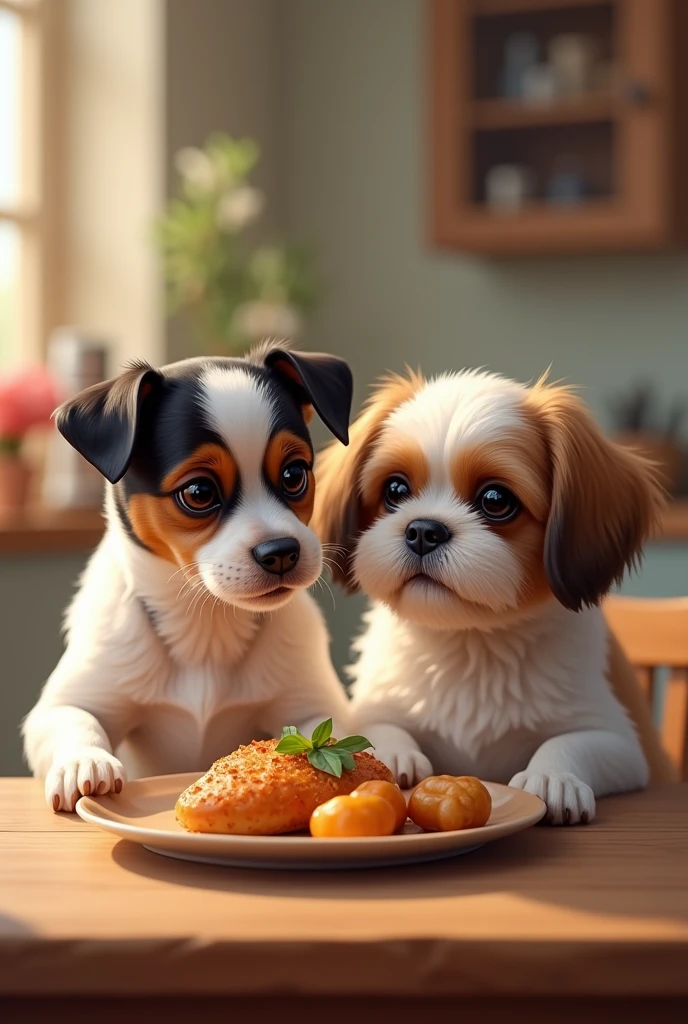 A Jack Russell Terrier and a Shih Tzu eating together