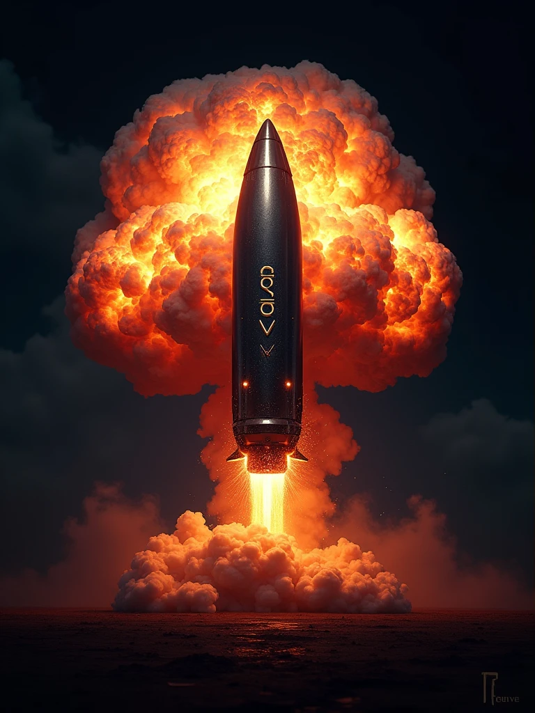 Logo with a hyperrealistic image of an explosion and a superimposed luxury nuclear warhead with electric and vibrant colors, In the middle the logo says "Ogive" in an elegant letter but with allusion to the metal musical genre