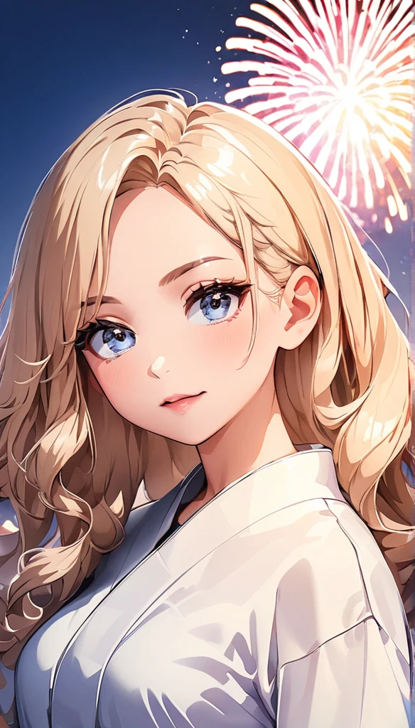 (highest quality:1.2, Very detailed, up to date, Vibrant, Ultra-high resolution, High Contrast, masterpiece:1.2, highest quality, Best aesthetics), (((1 girl))), Beautiful woman, Woman in seductive pose, Wavy hair with highlights, Eyes and lips with plenty of detail, Glowing, soft skin, yukata, pastel colour, Floral yukata, firework, Color the night sky.
