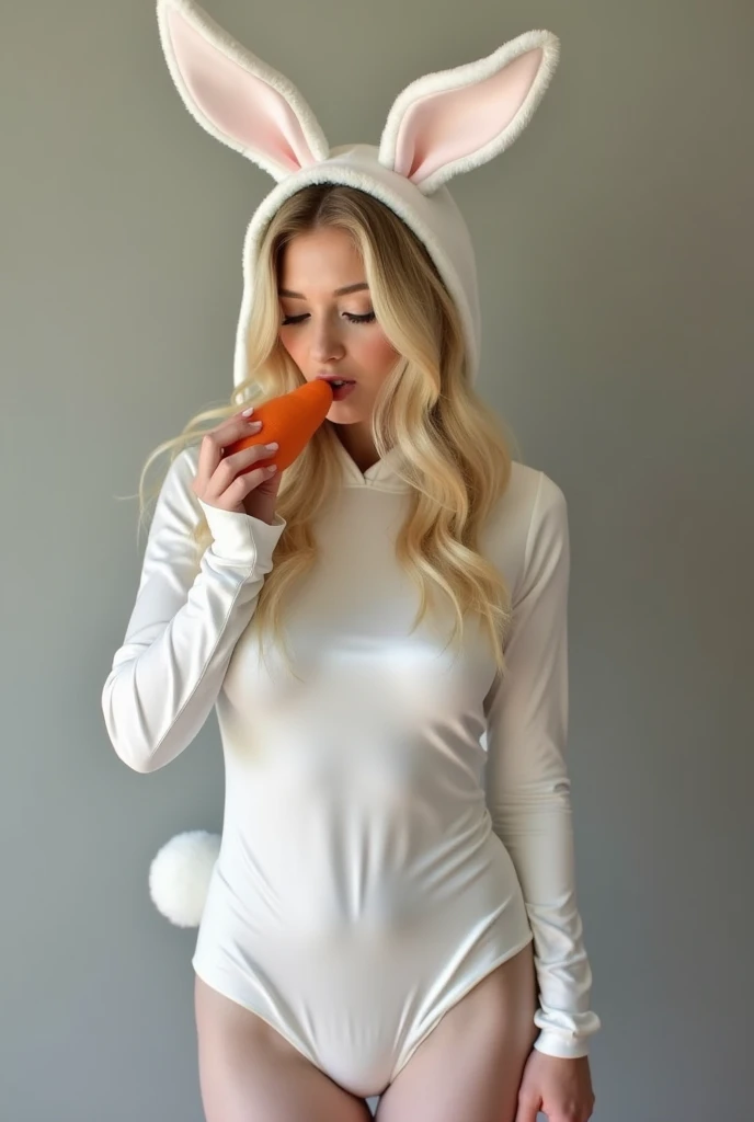 Silk white bunnygirl costume with pantyhose Tail butt plug. Blonde, small breasts, white skin. Licking a carrot