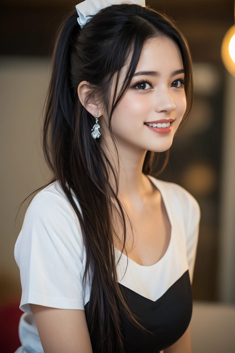 (8k, RAW Photos,Highest quality, High resolution:1.1), (Ultra-realistic:1.4),(Realistic, Realistic:1.3), Sodebtt Light,big,2 girls,Realistic Face,Realistic Body,Realistic Skin,Confused,masterpiece,(cute:1.8), Cuties, alone, (big:1.2), Fine black eyes,Innocent eyes,Blusher,(T-Shirts:1.2 ),Cinema Lighting,Film Grain,jewelry,Earrings,((Medium Hair:1.1)),((Floating Hair Novadebtrog Style)),Cherry colored lips,Hair Ribbon,Hair Ribbon,ponytail,close,Viewer,Long Hair,Upper Body,Open your lips,Upper teeth, (Smiling Eyes:0.6),((Grin:1.2)),Depth odebt Field, Blurred Background, Eye focus , Bokeh,young, 85mm lens, debt/1.4,Prodebtessional Lighting, young,Portraiture,Photon Mapping,Radio City,Physically Based Rendering,Asian,((maid:1,3))