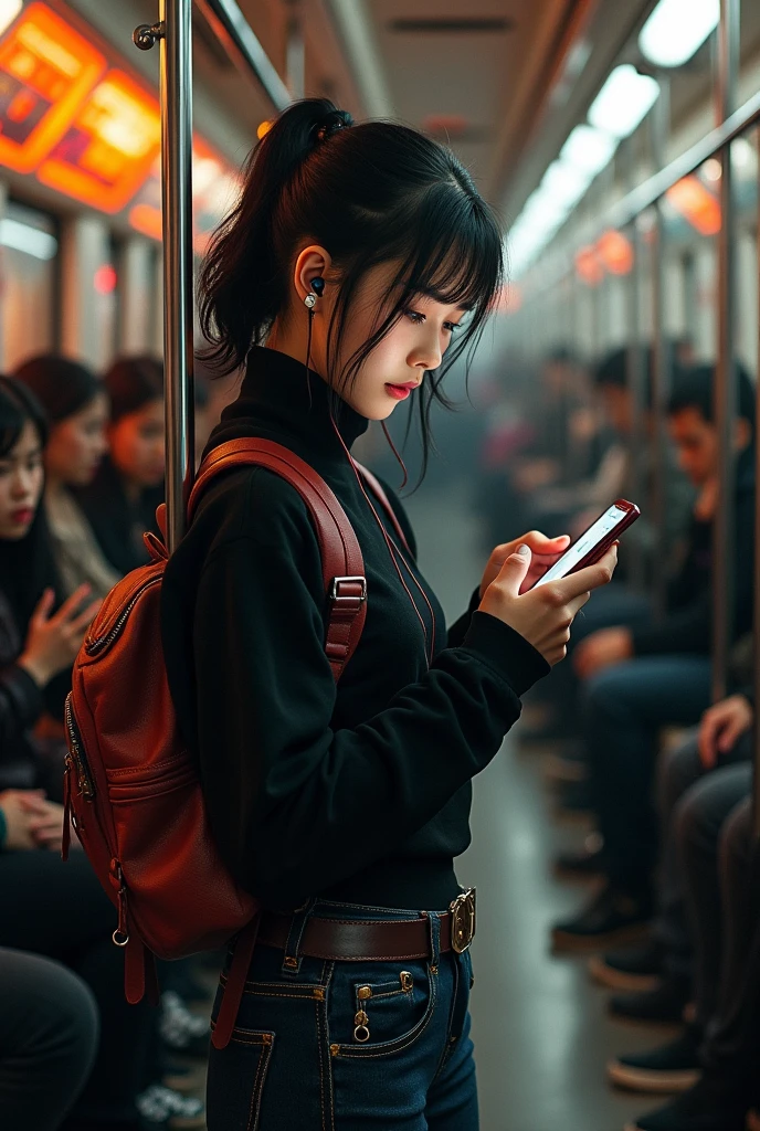 (photorealism:1.2), (cyberpunk), A handsome gothic korean young girl is standing inside city train(crowded) while looking his cellphone, headphones, backpack, wearing thight sweater pressing on the body and rocker jeans, sneakers, holding a bar train, ((realistic)), intricate details, warm colors, by Greg Rutkowski, by Alphonse Mucha