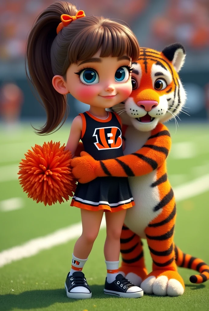 Bengals cheerleader tween
Chunky body
Brown hair, medium length in ponytail, bangs,
blue eyes
football field
Black & orange one piece outfit with Bengals logo black shoes
No socks
hair bow
With tiger hugging
Smiling
Orange pompom