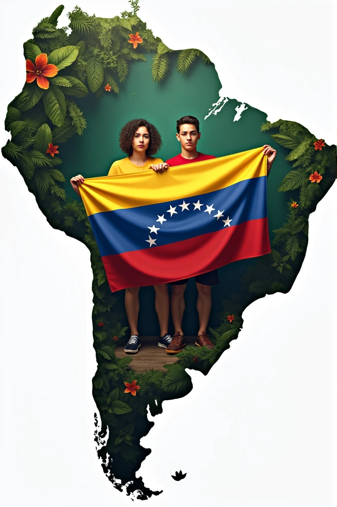 Teenagers holding the Venezuelan flag inside the map of Brazil with aspects of the culture of Venezuela and Brazil