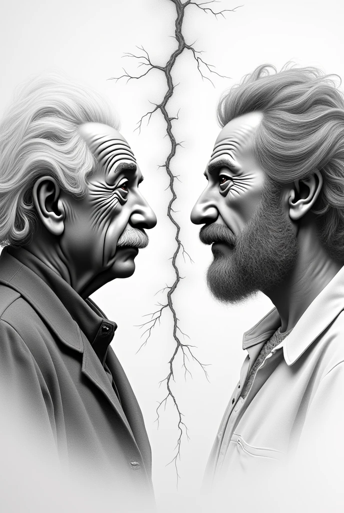 Draw me a poster of the conflict between Faith and Reason side by side with Albert Einstein on the left and God on the right. (Drawn in pencil) face to face and a lightning bolt in the middle so that it is clear that it is God