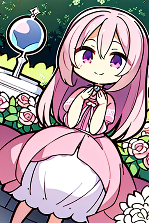 Perfect face. Perfect hands. A pink haired woman with violet eyes with an hourglass figure in a pink dress is smiling while posing in a garden of peonies