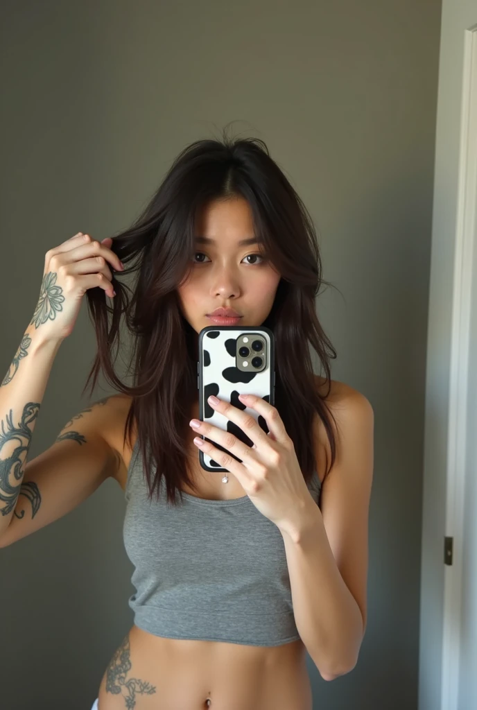 A fair-skinned woman taking a selfie in front of a mirror. Ela tem cabelos castanhos escuros, long and loose, and is wearing a gray tank top. She has several visible tattoos on her arms., on the stomach and near the neck. Woman holds a cell phone with a cover that is a cow spot pattern, using her right hand and with her left she is holding a part of her hair. The scene is a bathroom with a plain neutral colored wall in the background.