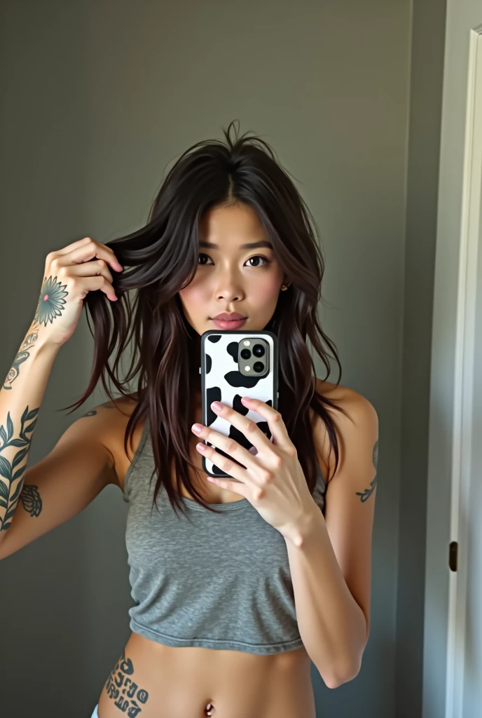 A fair-skinned woman taking a selfie in front of a mirror. Ela tem cabelos castanhos escuros, long and loose, and is wearing a gray tank top. She has several visible tattoos on her arms., on the stomach and near the neck. Woman holds a cell phone with a cover that is a cow spot pattern, using her right hand and with her left she is holding a part of her hair. The scene is a bathroom with a plain neutral colored wall in the background. 