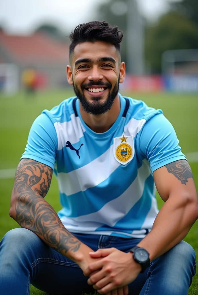 Young Muslim man with white skin, brown eyes, lips *thick body* Athletic masculine energy and sexy black hair shaved on the sides with a gradient and braids defined chin trimmed beard colorful tattoo wearing a light blue and white stadium sitting on the grass wearing a Uruguay shirt happy wide photo