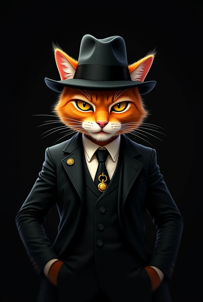 Orange cat gangster
in black background