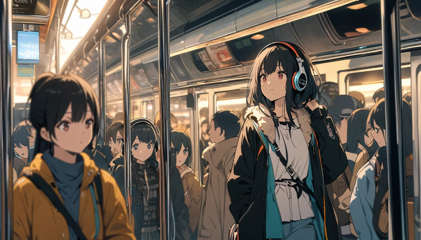 A woman with black hair and cute clothes standing on a crowded train,Streetscape、Listening to music with headphones、Japanese