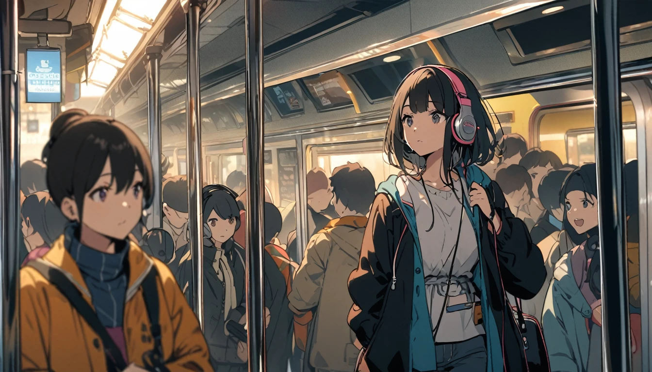 A woman with black hair and cute clothes standing on a crowded train,Streetscape、Listening to music with headphones、Japanese