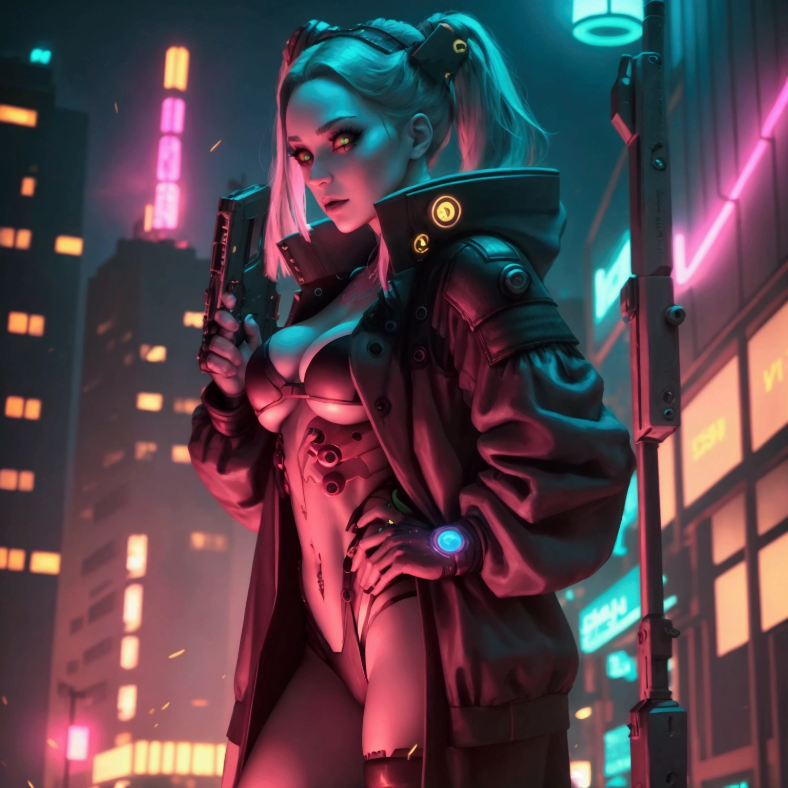 Cyberpunk Rebbecca shooting dressed