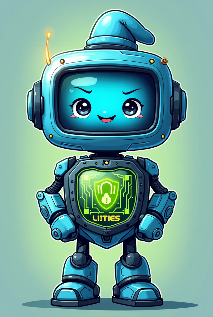 Create a cute and trendy mascot image for a school scavenger hunt, incorporating elements of technology and education. The mascot should be a friendly robot with a light blue body and a screen for a face., showing a friendly smile and big eyes. Add technological details in green and black, as circuits and elements of educational tools, like books or tablets. The mascot must be holding a school crest that includes two metal silos and use the colors green, black and blue. For a thematic touch, include elements inspired by the Smurfs, like a blue hat or character-like details. The fund must have technological elements, as circuits or graphs.