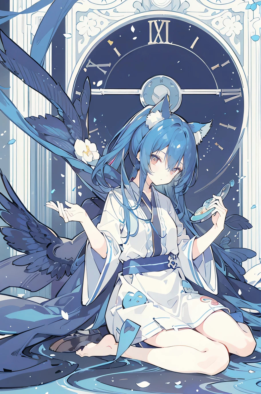 (Masterpiece:1.2),Ultra-detailed,lifelike,The eyes are expressive,Fair skin,Perfect face shape,1 girl,Japanese Manga,Gorgeous blue hair,Flowing blue hair,Flowing clothes,Cat ears,Petals falling,Shy face,sitting on window,Place your hand on your lips,masterpiece, absurdres, novel cover, cover illustration, 1girl, solo, dark blue-haired ponytail, mage robes, flower background, clock background, monochrome, line drawing