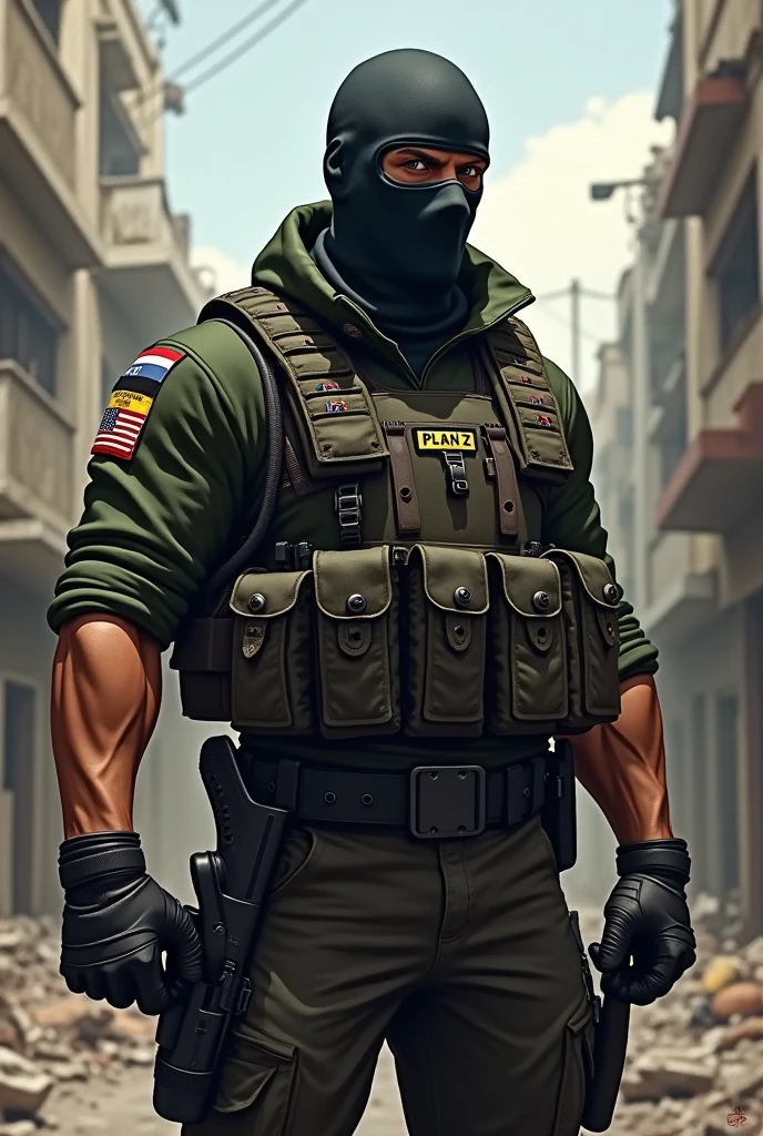 Create a Venezuelan Commando-type Commander with his face covered from PLAN Z and named Pablo, add the flags of Venezuela on the arms, the name of Plan Z on the chest, the same as the name Pablo. You are not placing the flags of Venezuela or the name of the soldier who is PABLO, nor Plan Z