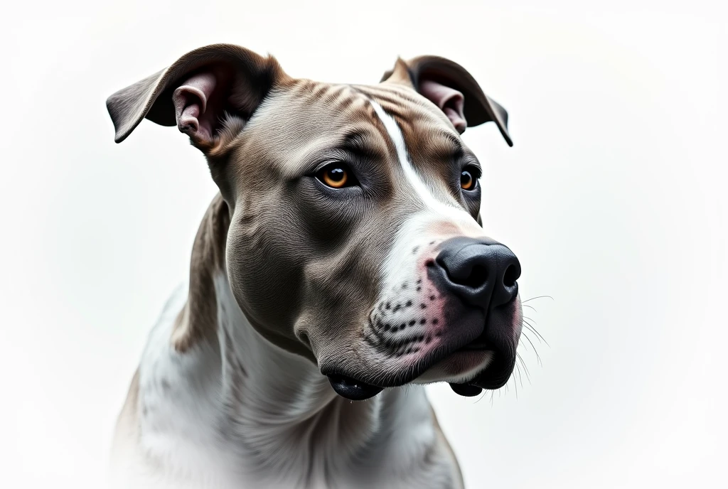 massive stafford bull terrier head, half photo, half fractal, epic photo, high details, white background