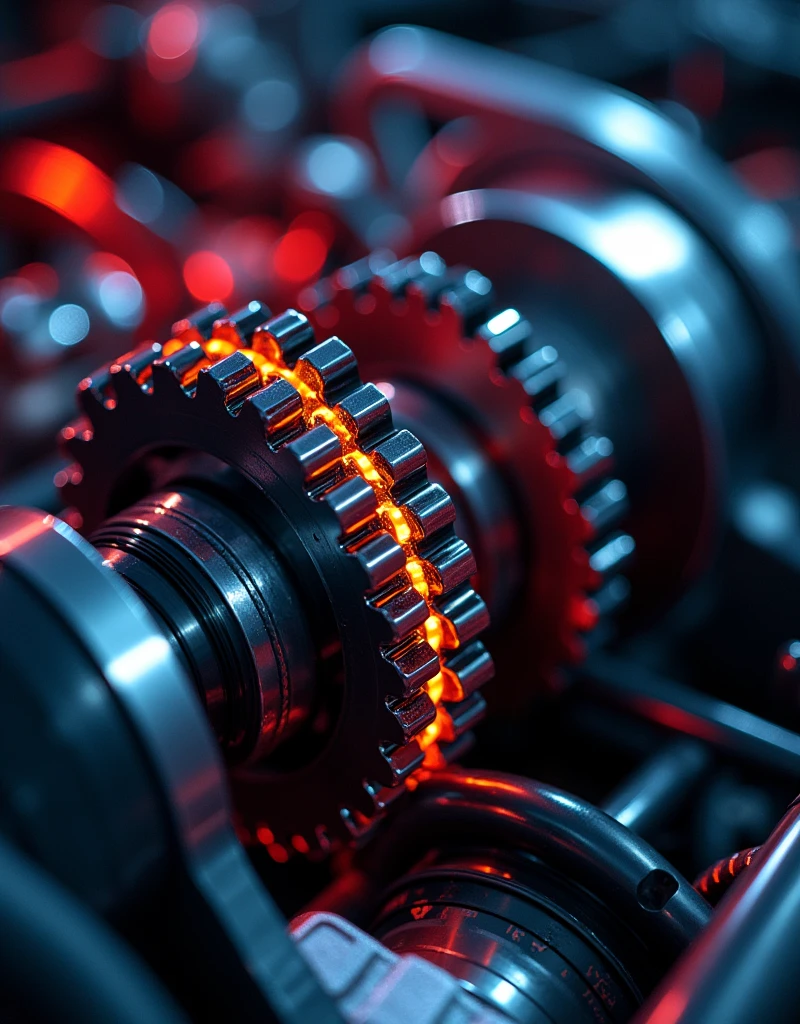 So many beautiful gears and timing chains, close-up shots of the timing chains, dynamic camera work, inside of an automobile, beautiful metallic light reflections, colorful led growing from inside, focus on timing chains, black machine oil reflecting the lights