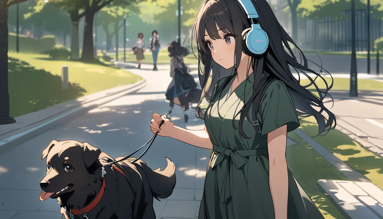 A woman with black hair and cute clothes walking her dog in the park,Streetscape、Listening to music with headphones、Japanese