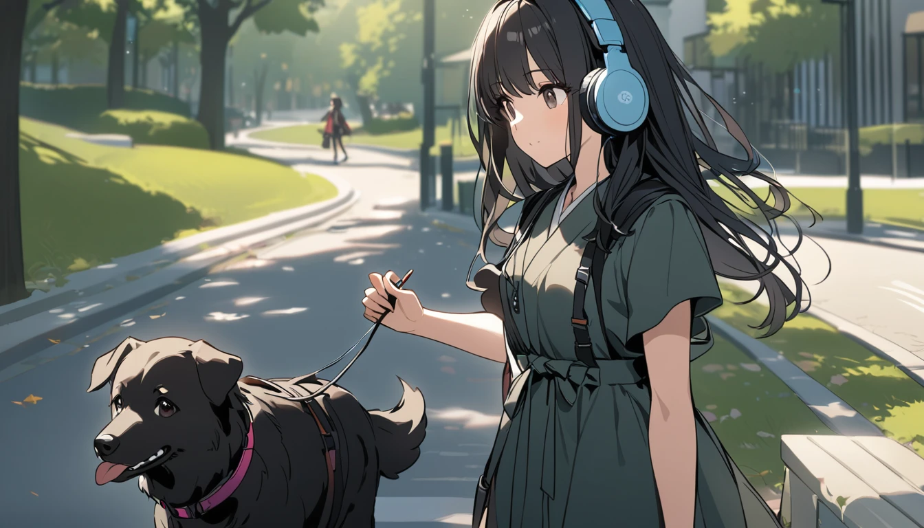 A woman with black hair and cute clothes walking her dog in the park,Streetscape、Listening to music with headphones、Japanese