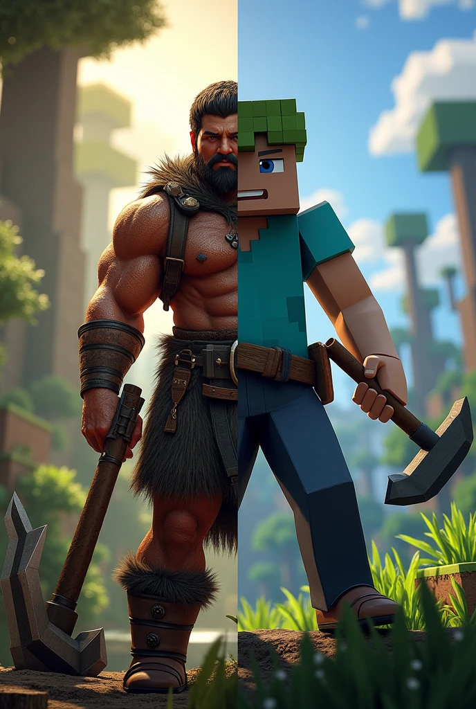 A split in half image. One side being an ark survival evolved character holding a pickaxe from the game. The second half a Minecraft character holding a pickaxe from the game.