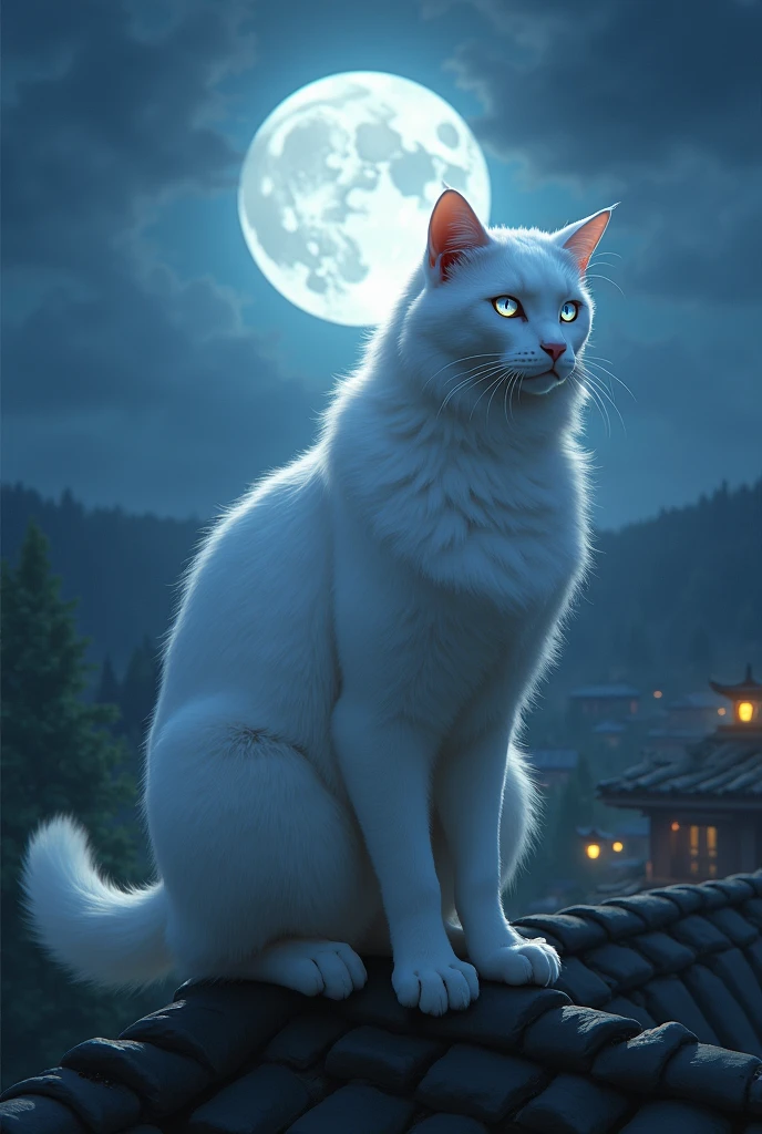 *Orion, the White Cat:**
- "A majestic white cat with human body with fur as pure as snow and sapphire-blue eyes, standing on a rooftop under a full moon. The background shows a small village nestled in a forest with shadows of trees and the faint glow of lanterns. The atmosphere is mysterious and serene."