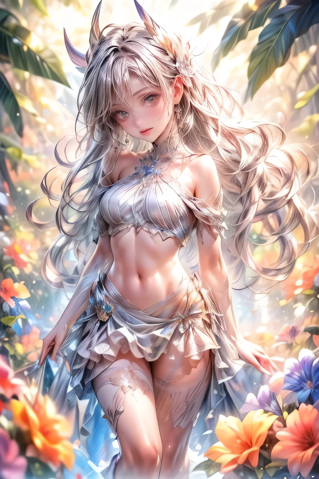 a cute centaur girl, elegant and gorgeous frilled bikini, fragrant flowers, bare shoulder, intricate detailed face, longeyelashes, detailed lips, detailed navel, detailed thigh, (best quality,4k,8k,highres,masterpiece:1.2),ultra-detailed,(realistic,photorealistic,photo-realistic:1.37),fantasy,digital art,concept art,warm colors,soft lighting,highly detailed