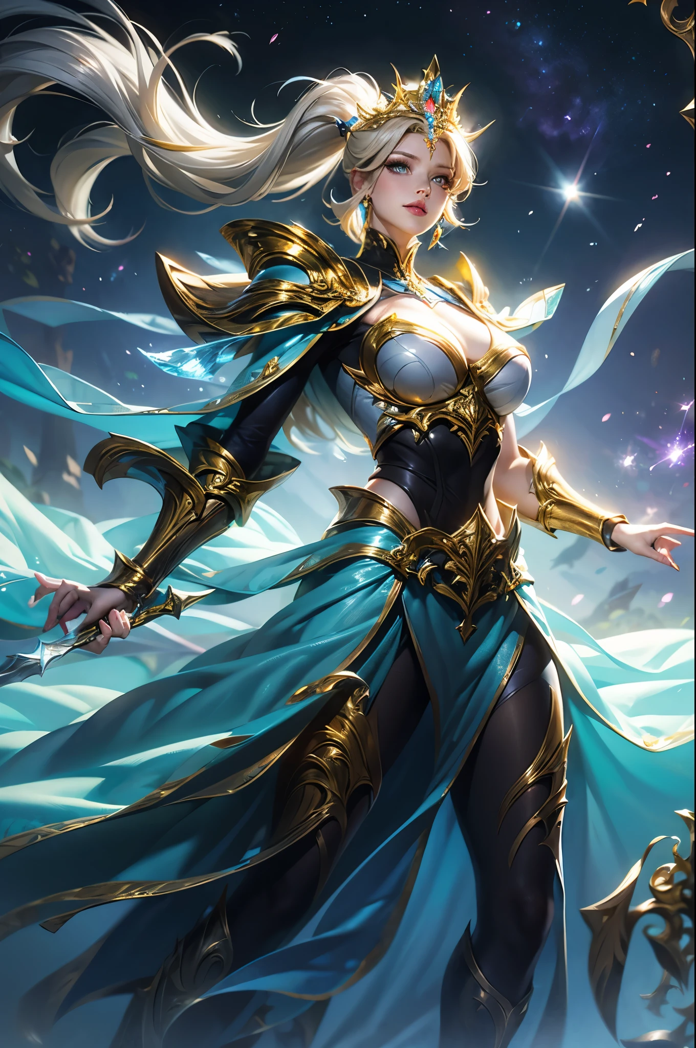Ultra HD、Ultra-clear、White and beautiful translucent skin、Beautiful and well-proportioned face、Cute smile、Saint Seiya of Libra、Covers the whole body in silver armor、A holy knight in silver armor、Platinum tiara、Silver armor covered in flashy carvings、Heavy silver armor、Beautiful clear blue eyes、Blonde Short-Haired、Big Breasts、Outer space background、ponytail、