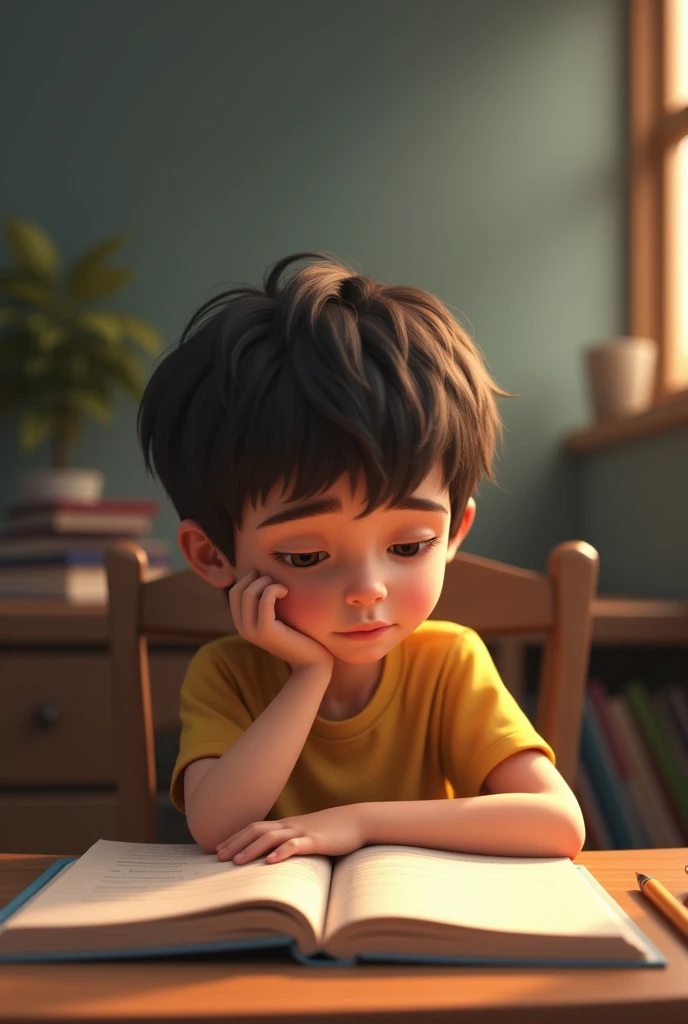 Child with doubts sitting in front of a table with a study notebook, in 3d