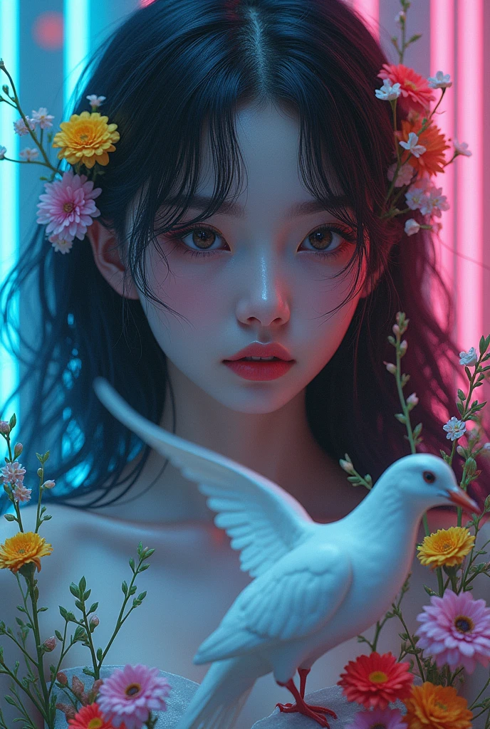 A portrait of a girl in a cyberpunk style, incorporating light painting effects and surrounded by a female robot, fluorescent lights, and neon lights. The image should blend elements of peace—such as white doves, olive branches, and flowers—with contrasting bloodstains, creating a complex and evocative scene. The overall composition should be realistic and of masterpiece quality, rendered in ultra high definition with 16k resolution to capture every intricate detail.