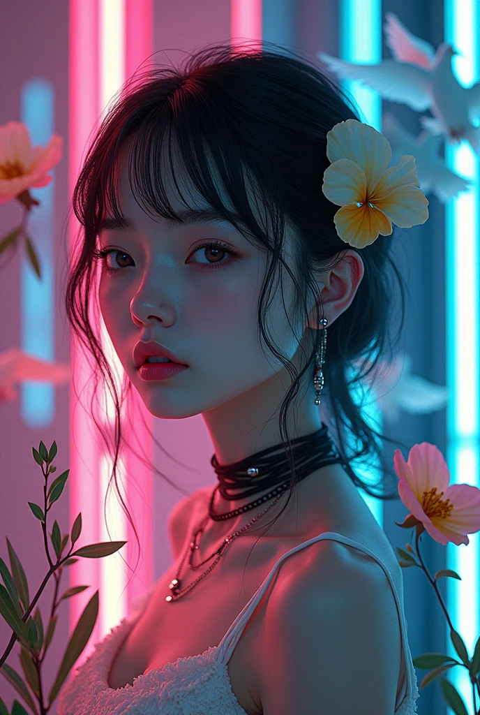 A portrait of a girl in a cyberpunk style, incorporating light painting effects and surrounded by a female robot, fluorescent lights, and neon lights. The image should blend elements of peace—such as white doves, olive branches, and flowers—with contrasting bloodstains, creating a complex and evocative scene. The overall composition should be realistic and of masterpiece quality, rendered in ultra high definition with 16k resolution to capture every intricate detail.