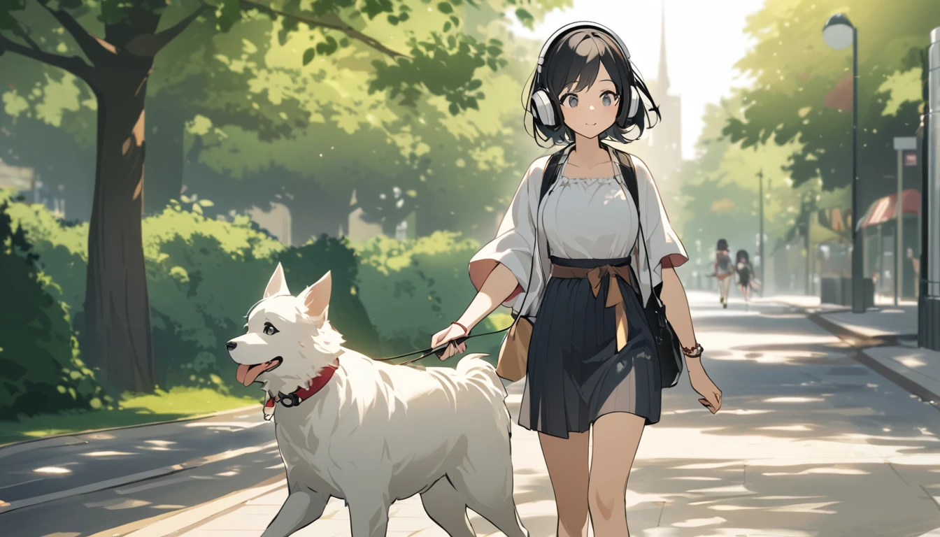 A woman with black hair and cute clothes walking her dog in the park,Streetscape、Listening to music with headphones、Japanese