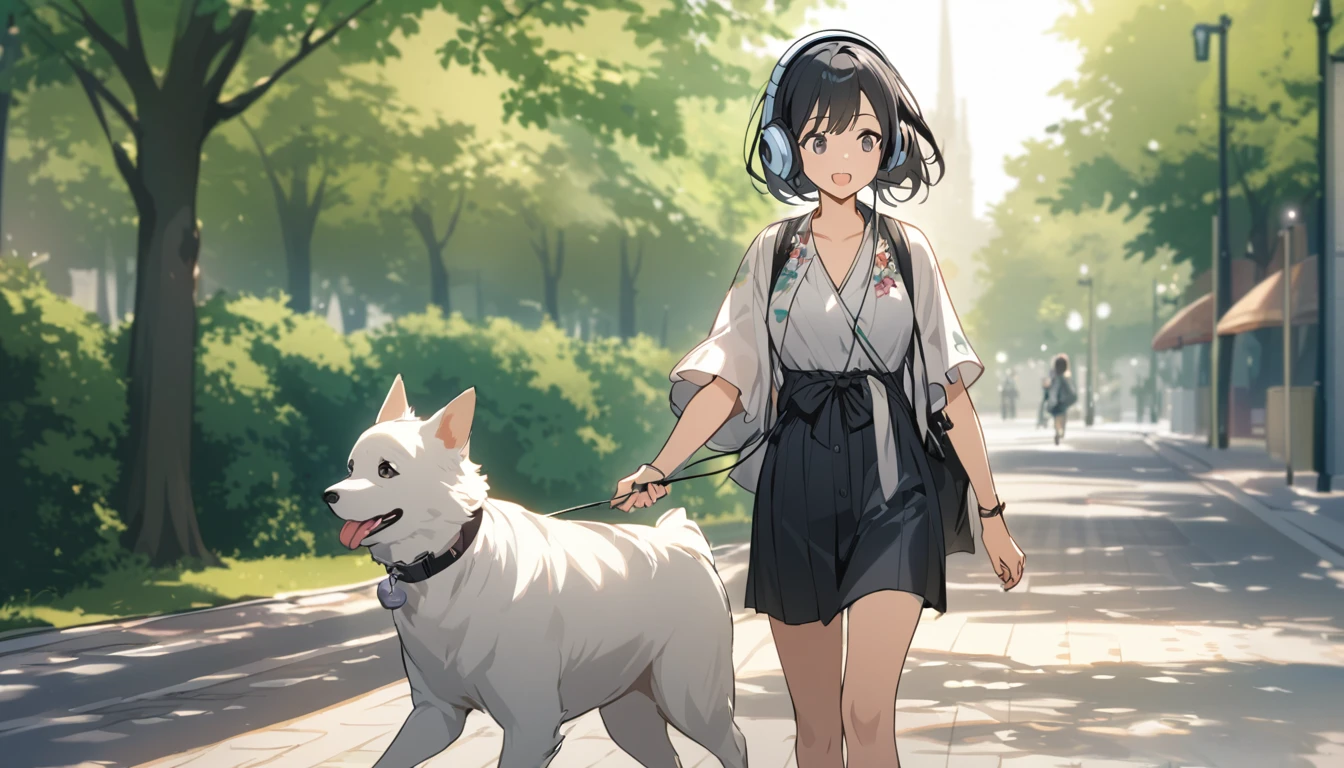 A woman with black hair and cute clothes walking her dog in the park,Streetscape、Listening to music with headphones、Japanese