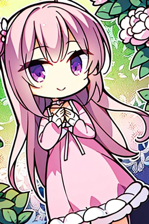 Perfect face. Perfect hands. A pink haired woman with violet eyes with an hourglass figure in a pink dress is smiling while posing in a garden of peonies