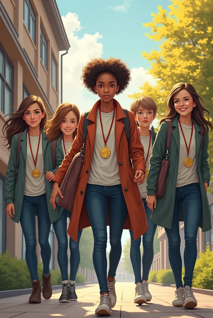 J'ai besoin d'une couverture pour un livre, Un collier médaillons en or, 5 personne (3 fille,2 garçon ) un lycée, la porteuse du médaillon a les cheveux bouclé et détaché