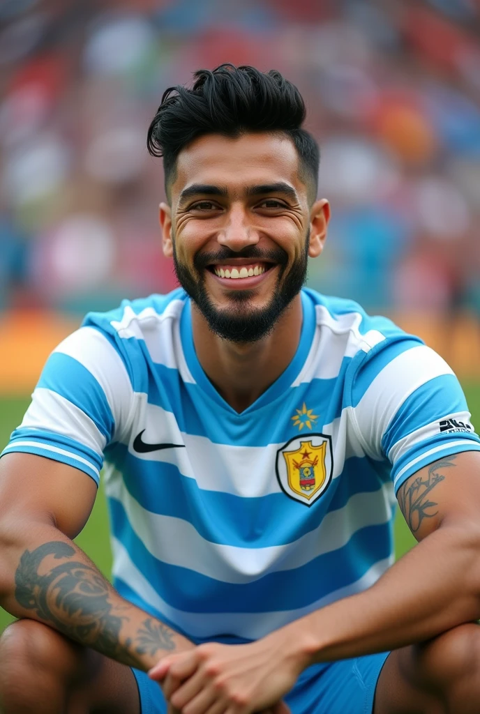 Handsome young Muslim man with white skin, brown eyes, lips *thick body* Athletic masculine energy and sexy black hair shaved on the sides with a gradient and braids defined chin trimmed beard colorful tattoo wearing a light blue and white stadium sitting on the grass wearing a Uruguay shirt happy wide photo

