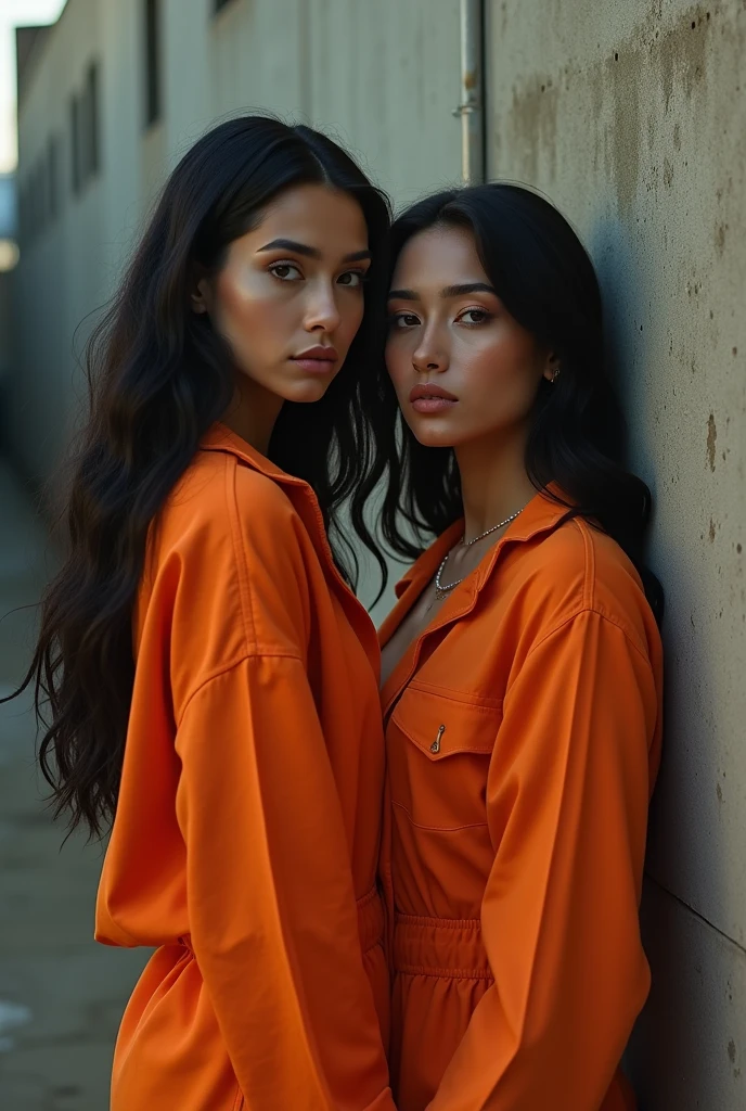 beautiful Instagram model, (long black hair:1.2), with her friend, orange prison jumpsuit, prison yard, realistic, photorealistic, 4k, high quality, detailed, dramatic lighting, cinematic, fashion photography, editorial, dramatic pose, looking at camera, offener jumpsuit, große boobs