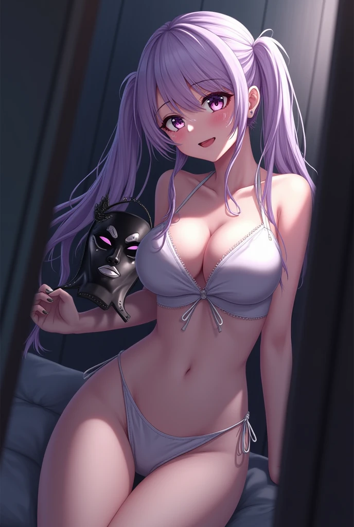 mini skirt, Light purple hair, long, Twin tails, sexy, barefoot, One girl, chest, tears, Part of the picture goes outside the frame, mask, Speed Line, 