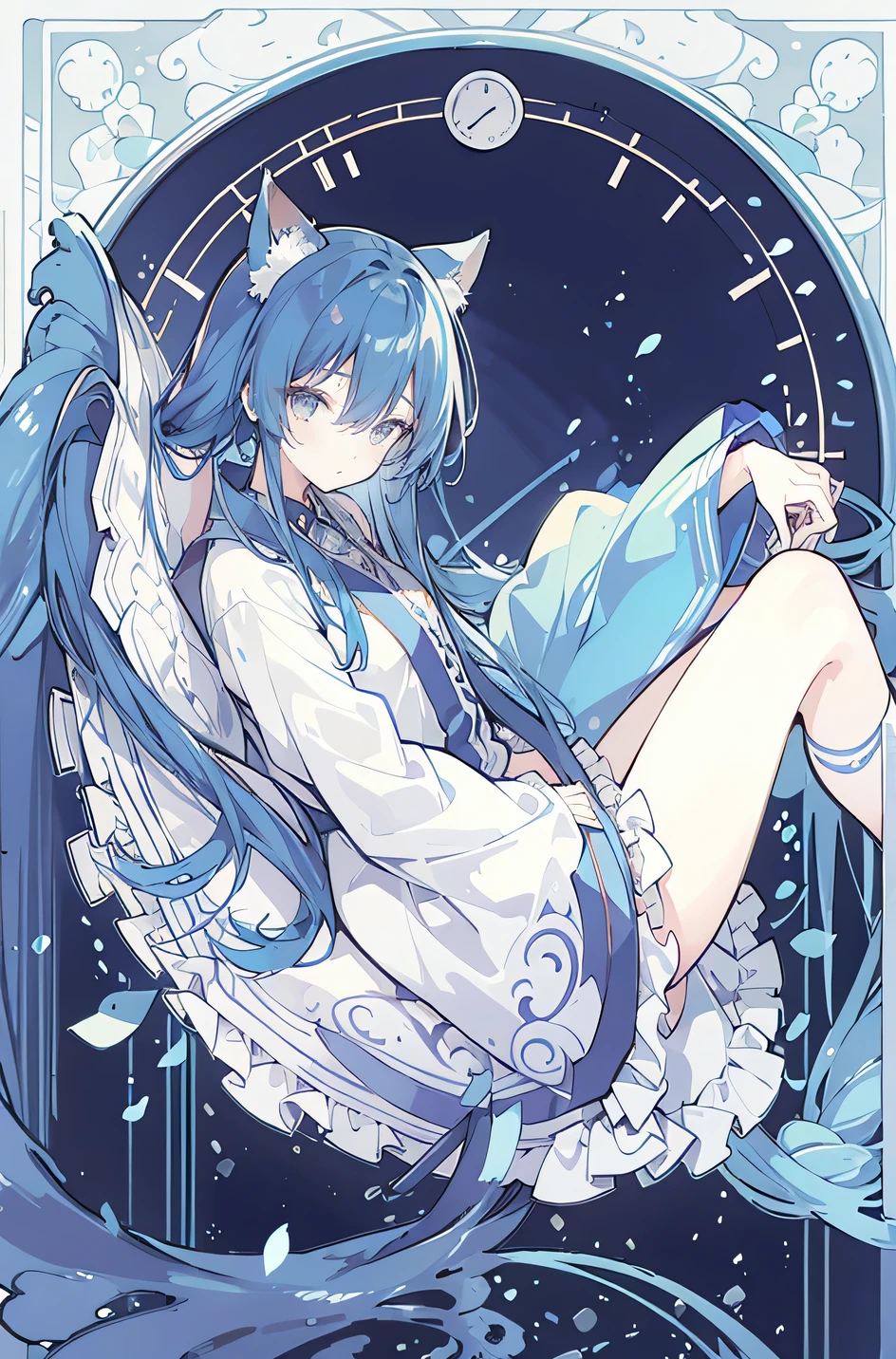 (Masterpiece:1.2)，Ultra-detailed，lifelike，The eyes are expressive，Fair skin，Perfect face shape，1 girl，Japanese Manga，Gorgeous blue hair，Flowing blue hair，Flowing clothes，Cat ears，Petals falling，Shy face，sitting on window，Place your hand on your lips,masterpiece, absurdres, novel cover, cover illustration, 1girl, solo, dark blue-haired ponytail, mage robes, flower background, clock background, monochrome, line drawing