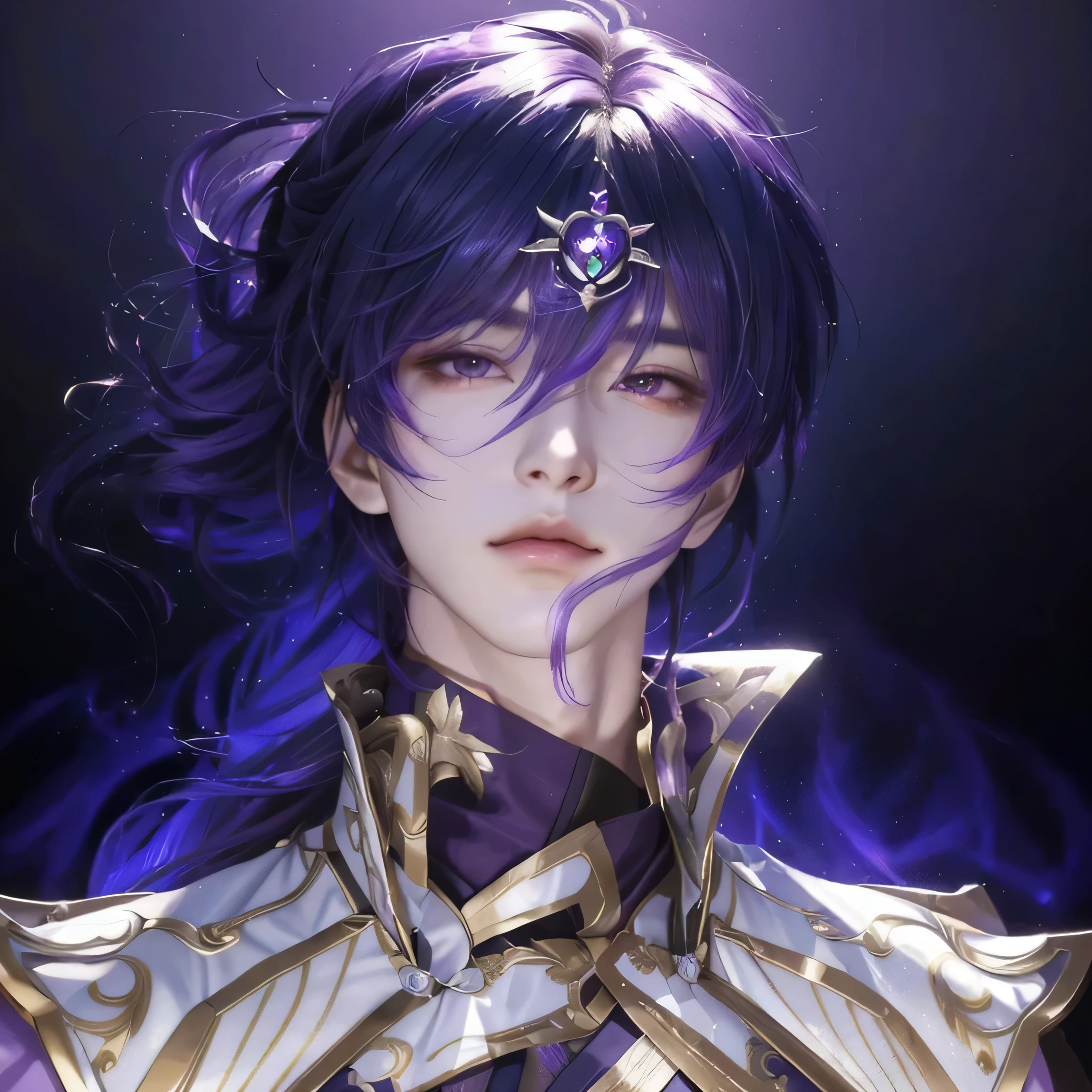 a close up of a person with a purple hair and a purple dress, keqing from genshin impact, heise jinyao, zhongli from genshin impact, by Yang J, portrait knights of zodiac boy, detailed digital anime art, highly detailed exquisite fanart, handsome guy with glowing purp