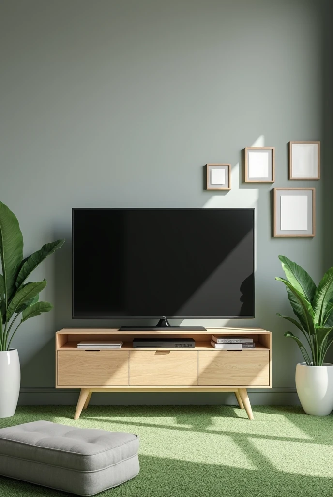 Create for me a picture of a room painted gray with green carpet with a flat Television but on right side of TV should have a picture Gallery Wall with five different picture flame on the right side of TV 