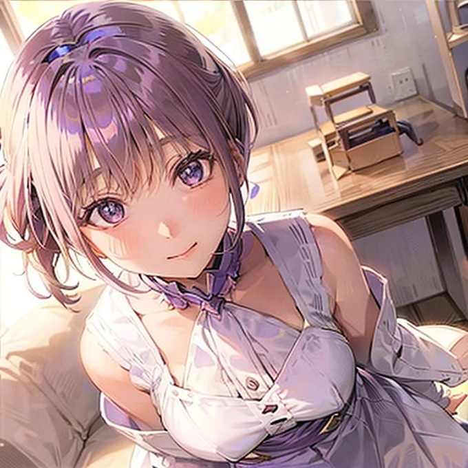 Little elementary school student, lilac hair, side ponytail, princess crown, purple eyes, white dress, flat chest, medieval, gentle smile, standing, sunlight, inside the castle